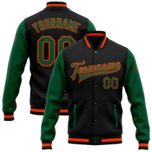 Charger l'image dans la galerie, Custom Black Kelly Green-Orange Bomber Full-Snap Varsity Letterman Two Tone Jacket