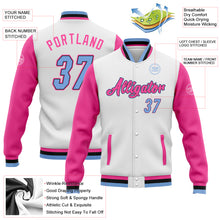 Load image into Gallery viewer, Custom White Light Blue Pink-Black Bomber Full-Snap Varsity Letterman Two Tone Jacket
