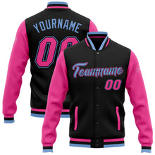 Charger l'image dans la galerie, Custom Black Pink-Light Blue Bomber Full-Snap Varsity Letterman Two Tone Jacket