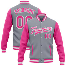 Charger l'image dans la galerie, Custom Gray Pink-White Bomber Full-Snap Varsity Letterman Two Tone Jacket