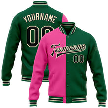 Load image into Gallery viewer, Custom Kelly Green Black Pink-Cream Bomber Full-Snap Varsity Letterman Split Fashion Jacket