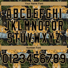 Загрузить изображение в средство просмотра галереи, Custom Black Black-Old Gold Tropical Tiger With Palms 3D Pattern Design Bomber Full-Snap Varsity Letterman Jacket