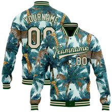 Загрузить изображение в средство просмотра галереи, Custom Green Cream Tropical Tiger And Giraffe With Palms 3D Pattern Design Bomber Full-Snap Varsity Letterman Jacket