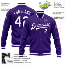 Charger l'image dans la galerie, Custom Purple White Bomber Full-Snap Varsity Letterman Jacket