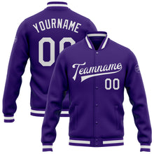 Charger l'image dans la galerie, Custom Purple White Bomber Full-Snap Varsity Letterman Jacket