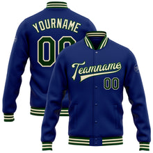 Charger l'image dans la galerie, Custom Royal Green-Cream Bomber Full-Snap Varsity Letterman Jacket