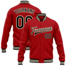 Загрузить изображение в средство просмотра галереи, Custom Red Black-Cream Bomber Full-Snap Varsity Letterman Jacket
