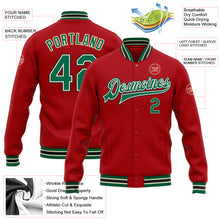 Load image into Gallery viewer, Custom Red Kelly Green Cream-Black Bomber Full-Snap Varsity Letterman Jacket
