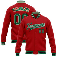 Load image into Gallery viewer, Custom Red Kelly Green Cream-Black Bomber Full-Snap Varsity Letterman Jacket