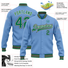 Load image into Gallery viewer, Custom Light Blue Kelly Green Cream-Black Bomber Full-Snap Varsity Letterman Jacket