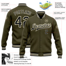 Laden Sie das Bild in den Galerie-Viewer, Custom Olive Black-Cream Bomber Full-Snap Varsity Letterman Salute To Service Jacket