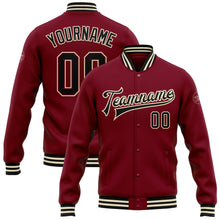 Загрузить изображение в средство просмотра галереи, Custom Crimson Black-Cream Bomber Full-Snap Varsity Letterman Jacket