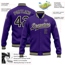 Charger l'image dans la galerie, Custom Purple Black-Cream Bomber Full-Snap Varsity Letterman Jacket