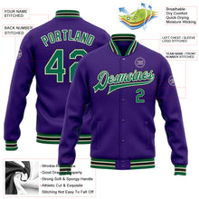 Charger l'image dans la galerie, Custom Purple Kelly Green Cream-Black Bomber Full-Snap Varsity Letterman Jacket