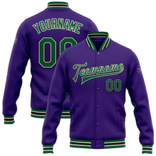 Charger l'image dans la galerie, Custom Purple Kelly Green Cream-Black Bomber Full-Snap Varsity Letterman Jacket