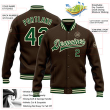 Загрузить изображение в средство просмотра галереи, Custom Brown Green-Cream Bomber Full-Snap Varsity Letterman Jacket