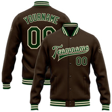 Загрузить изображение в средство просмотра галереи, Custom Brown Green-Cream Bomber Full-Snap Varsity Letterman Jacket