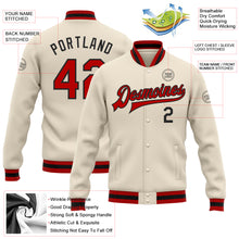Laden Sie das Bild in den Galerie-Viewer, Custom Cream Red-Black Bomber Full-Snap Varsity Letterman Jacket