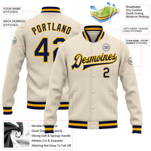 Load image into Gallery viewer, Custom Cream Navy-Gold Bomber Full-Snap Varsity Letterman Jacket