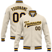 Load image into Gallery viewer, Custom Cream Navy-Gold Bomber Full-Snap Varsity Letterman Jacket