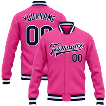 Загрузить изображение в средство просмотра галереи, Custom Pink Navy-White Bomber Full-Snap Varsity Letterman Jacket