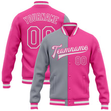 Загрузить изображение в средство просмотра галереи, Custom Pink Pink-Gray Bomber Full-Snap Varsity Letterman Split Fashion Jacket
