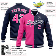 Загрузить изображение в средство просмотра галереи, Custom Navy Pink-White Bomber Full-Snap Varsity Letterman Split Fashion Jacket