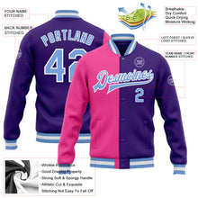 Load image into Gallery viewer, Custom Purple Light Blue-Pink Bomber Full-Snap Varsity Letterman Split Fashion Jacket