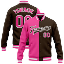 Charger l'image dans la galerie, Custom Brown Pink-White Bomber Full-Snap Varsity Letterman Split Fashion Jacket