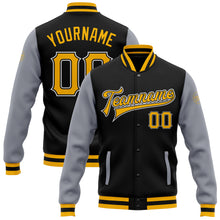 Charger l'image dans la galerie, Custom Black Gold-Gray Bomber Full-Snap Varsity Letterman Two Tone Jacket