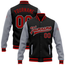 Charger l'image dans la galerie, Custom Black Red-Gray Bomber Full-Snap Varsity Letterman Two Tone Jacket