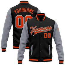 Charger l'image dans la galerie, Custom Black Orange-Gray Bomber Full-Snap Varsity Letterman Two Tone Jacket