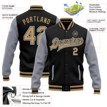 Charger l'image dans la galerie, Custom Black Old Gold-Gray Bomber Full-Snap Varsity Letterman Two Tone Jacket