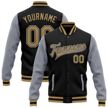 Charger l'image dans la galerie, Custom Black Old Gold-Gray Bomber Full-Snap Varsity Letterman Two Tone Jacket