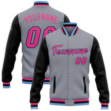 Charger l'image dans la galerie, Custom Gray Pink Black-Light Blue Bomber Full-Snap Varsity Letterman Two Tone Jacket