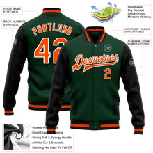 Laden Sie das Bild in den Galerie-Viewer, Custom Green Orange-Black Bomber Full-Snap Varsity Letterman Two Tone Jacket