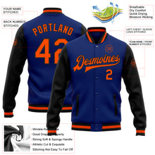 Laden Sie das Bild in den Galerie-Viewer, Custom Royal Orange-Black Bomber Full-Snap Varsity Letterman Two Tone Jacket