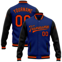 Laden Sie das Bild in den Galerie-Viewer, Custom Royal Orange-Black Bomber Full-Snap Varsity Letterman Two Tone Jacket
