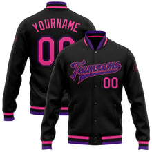 Загрузить изображение в средство просмотра галереи, Custom Black Pink-Purple Bomber Full-Snap Varsity Letterman Jacket