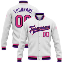 Charger l'image dans la galerie, Custom White Pink Black-Purple Bomber Full-Snap Varsity Letterman Jacket