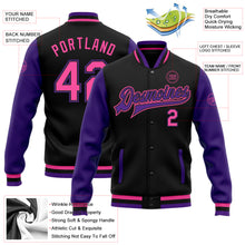 Charger l'image dans la galerie, Custom Black Pink-Purple Bomber Full-Snap Varsity Letterman Two Tone Jacket