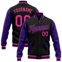 Charger l'image dans la galerie, Custom Black Pink-Purple Bomber Full-Snap Varsity Letterman Two Tone Jacket