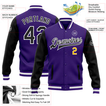 Charger l'image dans la galerie, Custom Purple Black-Gold Bomber Full-Snap Varsity Letterman Two Tone Jacket