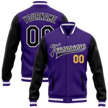Charger l'image dans la galerie, Custom Purple Black-Gold Bomber Full-Snap Varsity Letterman Two Tone Jacket