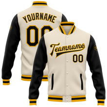Загрузить изображение в средство просмотра галереи, Custom Cream Black-Gold Bomber Full-Snap Varsity Letterman Two Tone Jacket
