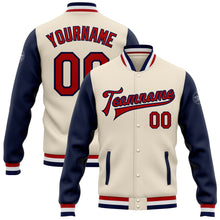 Laden Sie das Bild in den Galerie-Viewer, Custom Cream Red-Navy Bomber Full-Snap Varsity Letterman Two Tone Jacket