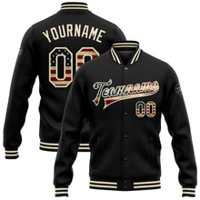 Laden Sie das Bild in den Galerie-Viewer, Custom Black Vintage USA Flag-Cream Bomber Full-Snap Varsity Letterman Jacket