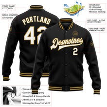 Load image into Gallery viewer, Custom Black White-Old Gold Bomber Full-Snap Varsity Letterman Jacket