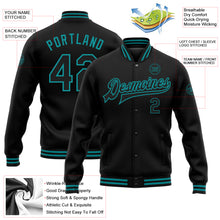 Загрузить изображение в средство просмотра галереи, Custom Black Teal Bomber Full-Snap Varsity Letterman Jacket