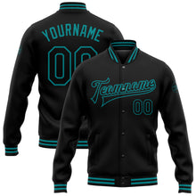 Загрузить изображение в средство просмотра галереи, Custom Black Teal Bomber Full-Snap Varsity Letterman Jacket